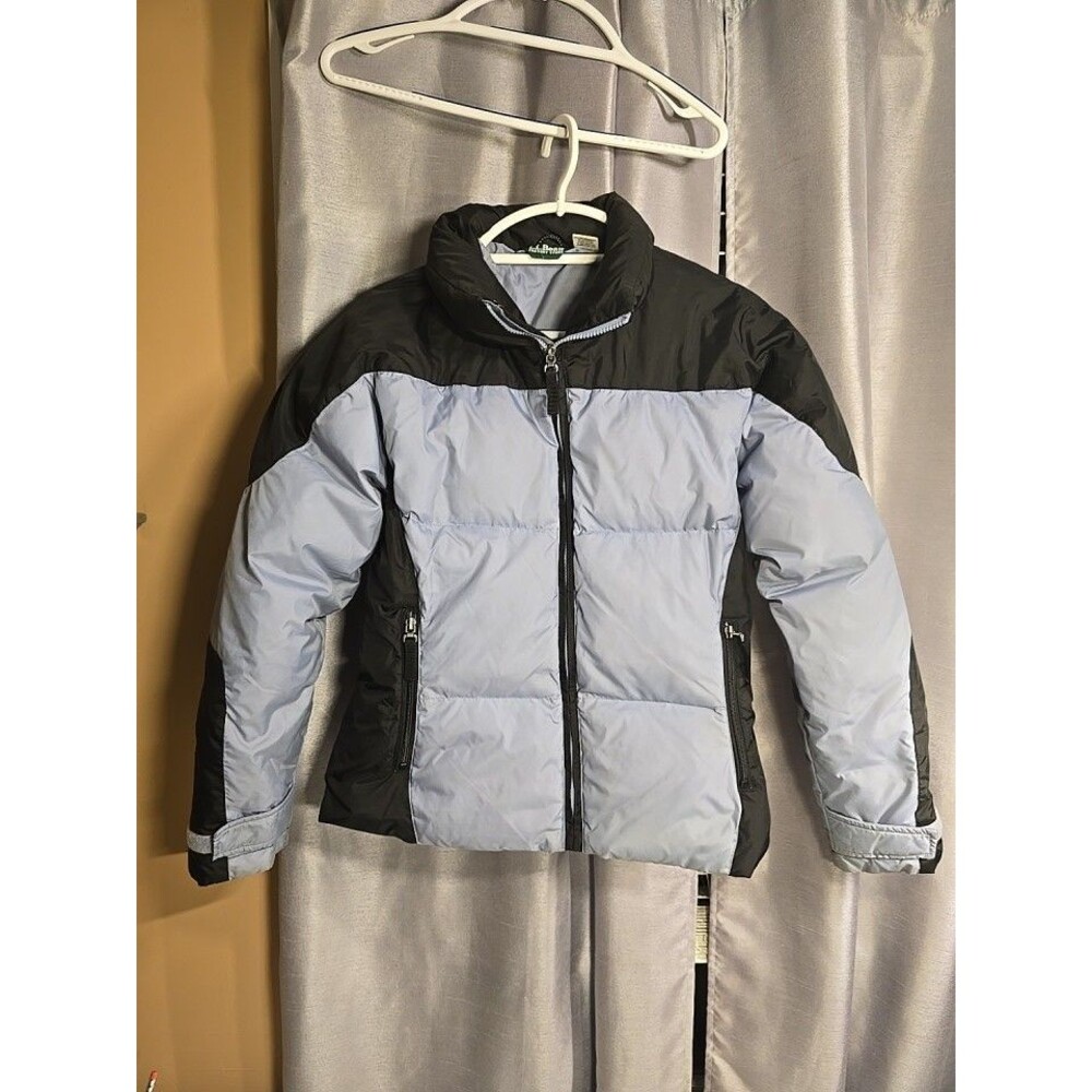 LL Bean Womens Black And Gray Goose Down Puffer Jacket Small Full Zip Quilted